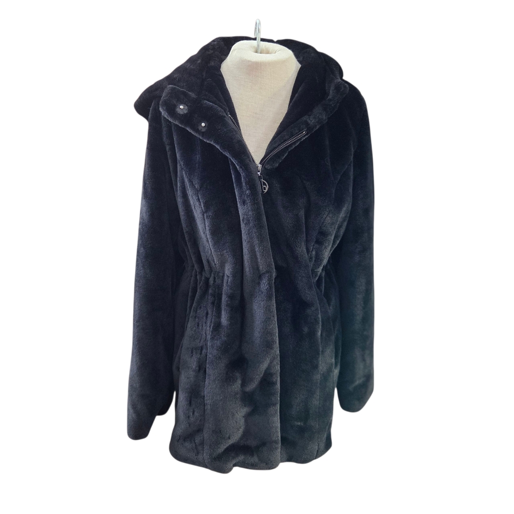 Dennis By Dennis Basso Black Soft Faux Fur Hooded Jacket With Bag Size-M NWOT